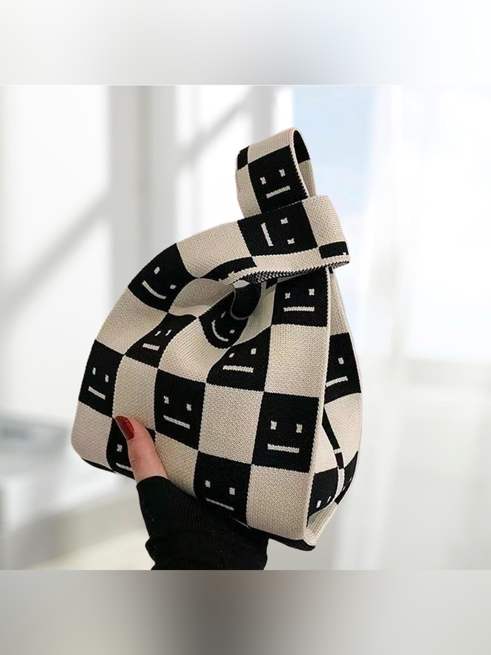 MINI TOTE KNOT KNIT CREAM BLACK EMOJI FACE WRIST BAG PURSE NWT